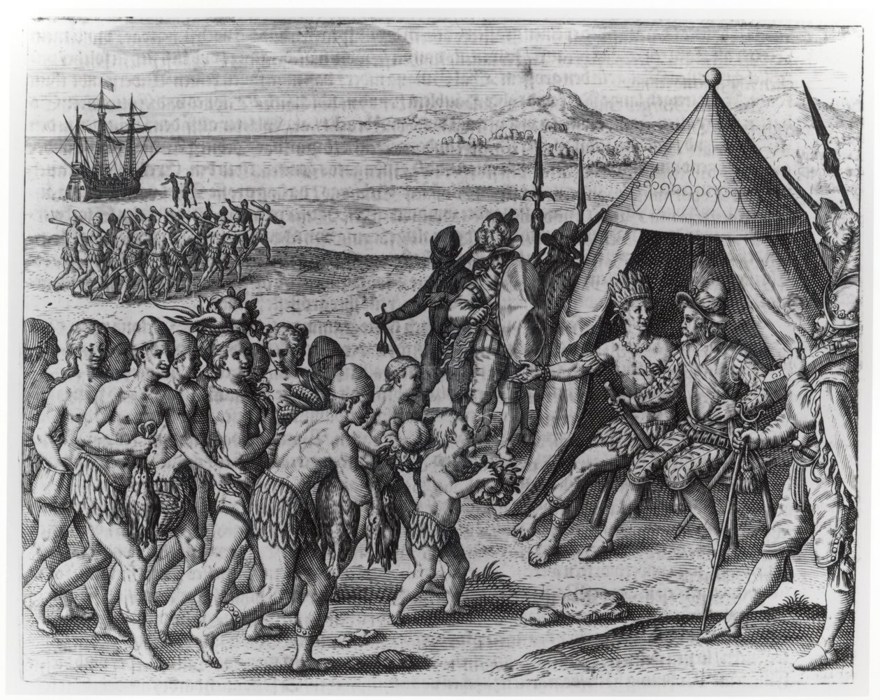 Sir Walter Raleigh (1554-1618) försöker etablera vänskap med kung Arromaia av Guyana, från 