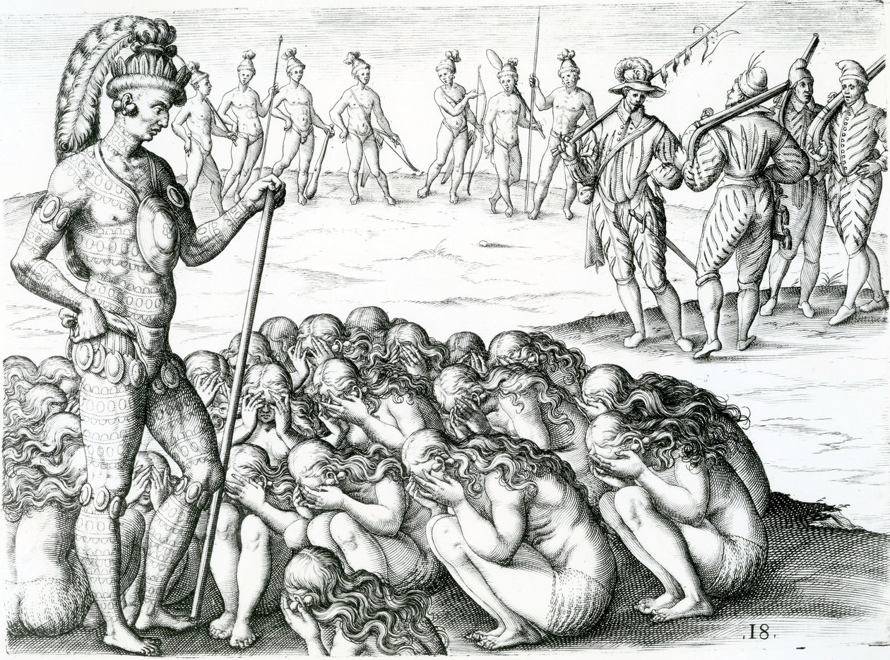 hämtad från sjukdomen som krävdes av kungen, illustration hämtad från En kort beskrivning av vad som hände med fransmännen i provinsen Florida av Jacques Le Moyne