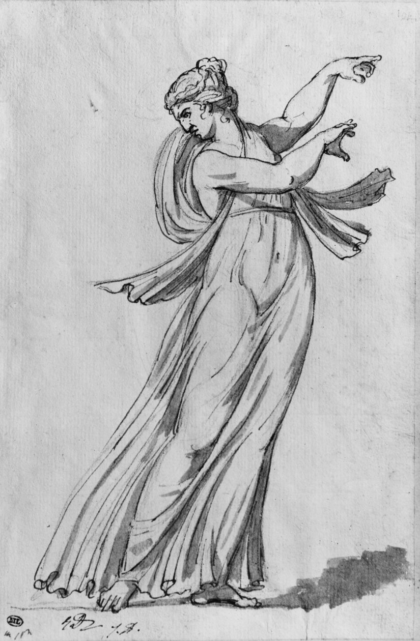 Bacchante (penna och svart bläck och grå tvätt och pierre noire på papper) av Jacques Louis David