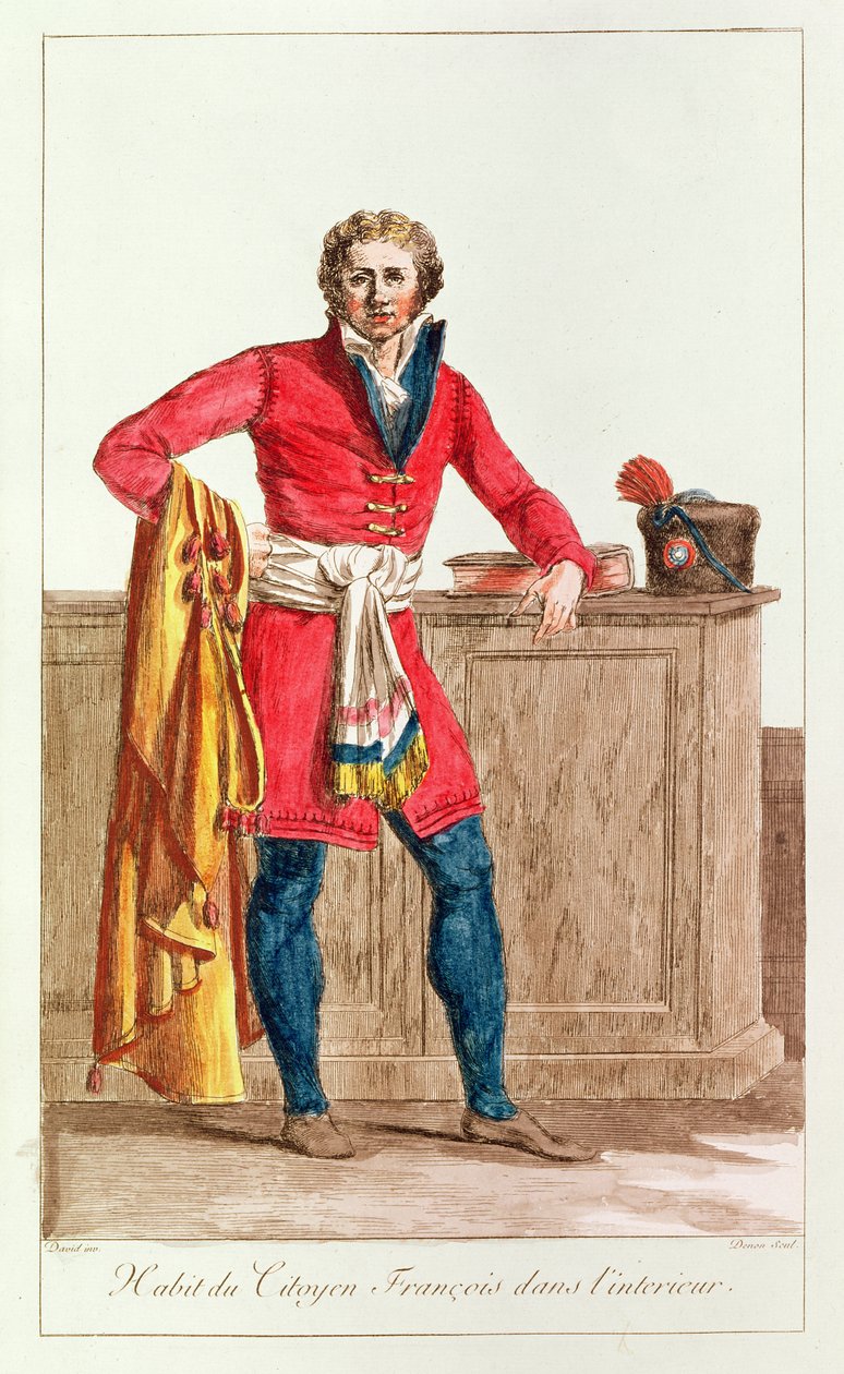 Civil dräkt för en fransk medborgare för inomhusbruk, graverad av Vivant Dominique Denon av Jacques Louis David