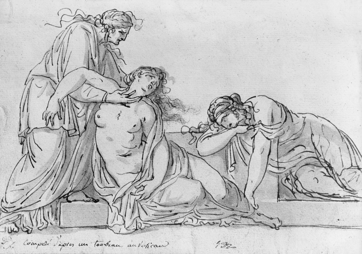 Gammal kvinna lutad över två svimna kvinnor, ca 1776 (penna och brunt bläck och grå tvätt och pierre noire på papper) av Jacques Louis David