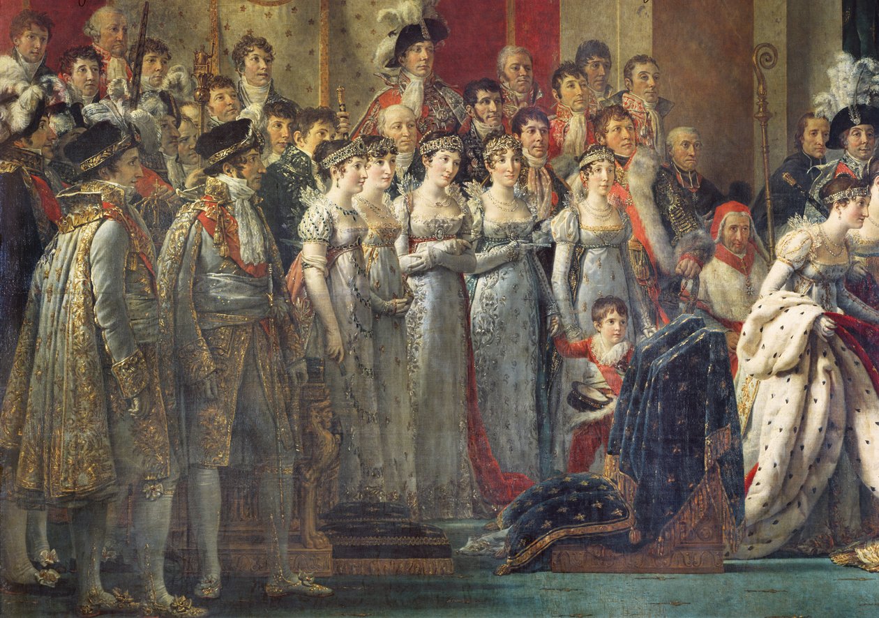 Invigningen av kejsar Napoleon I och kröningen av kejsarinnan Joséphine i katedralen Notre-Dame, 2 december 1804, detalj i den vänstra sektionen som visar de väntande damerna och kammaren av Jacques Louis David