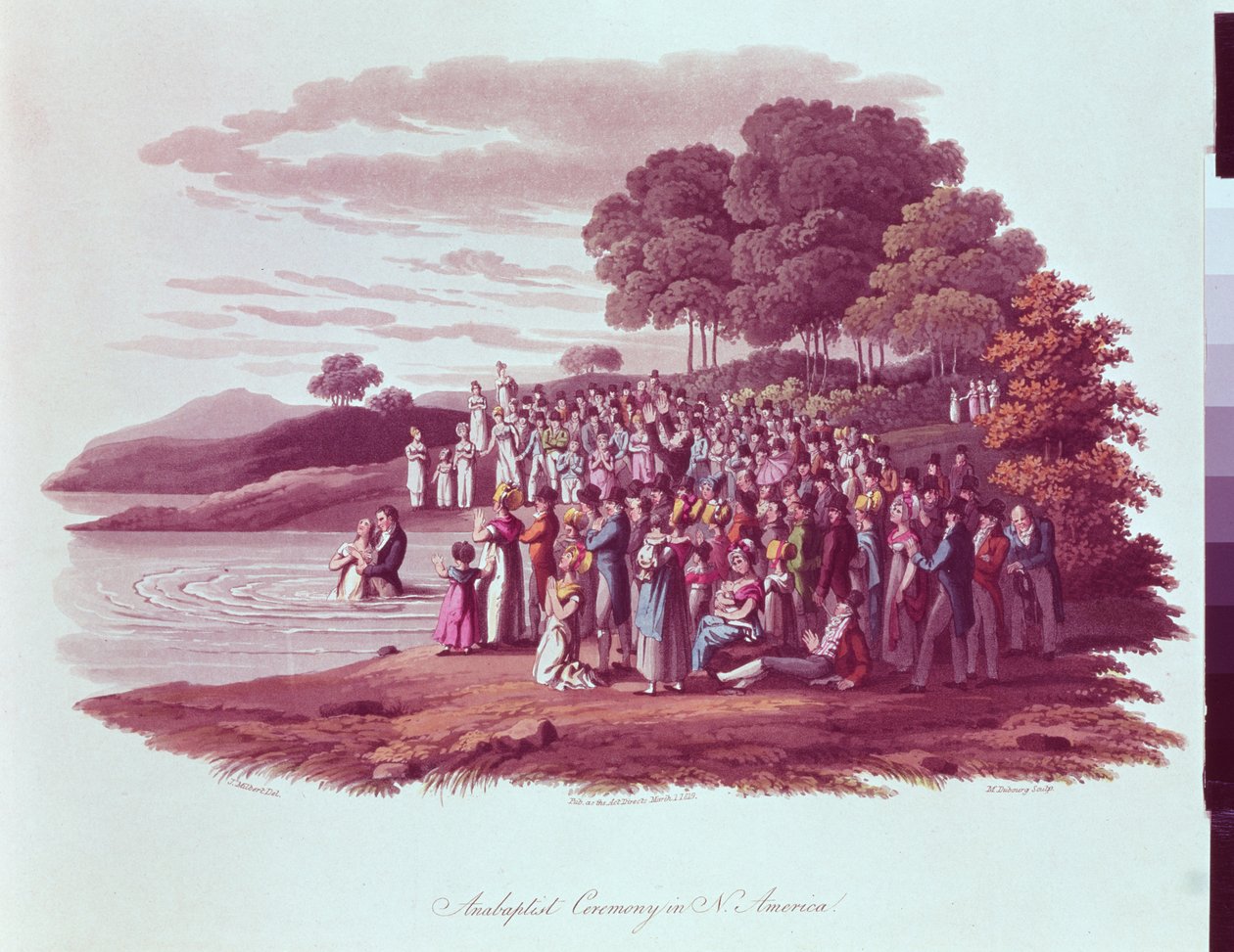 Anabaptistisk ceremoni i Nordamerika, graverad av M. Dubourg, 1819 av Jacques Milbert