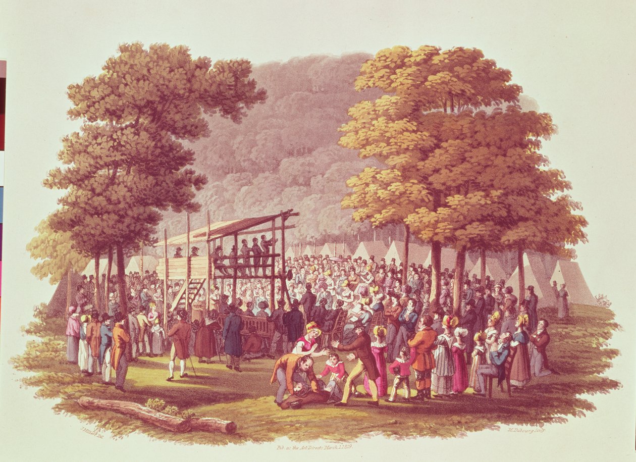 Metodisternas lägermöte i Nordamerika, graverad av M. Dubourg, 1819 av Jacques Milbert