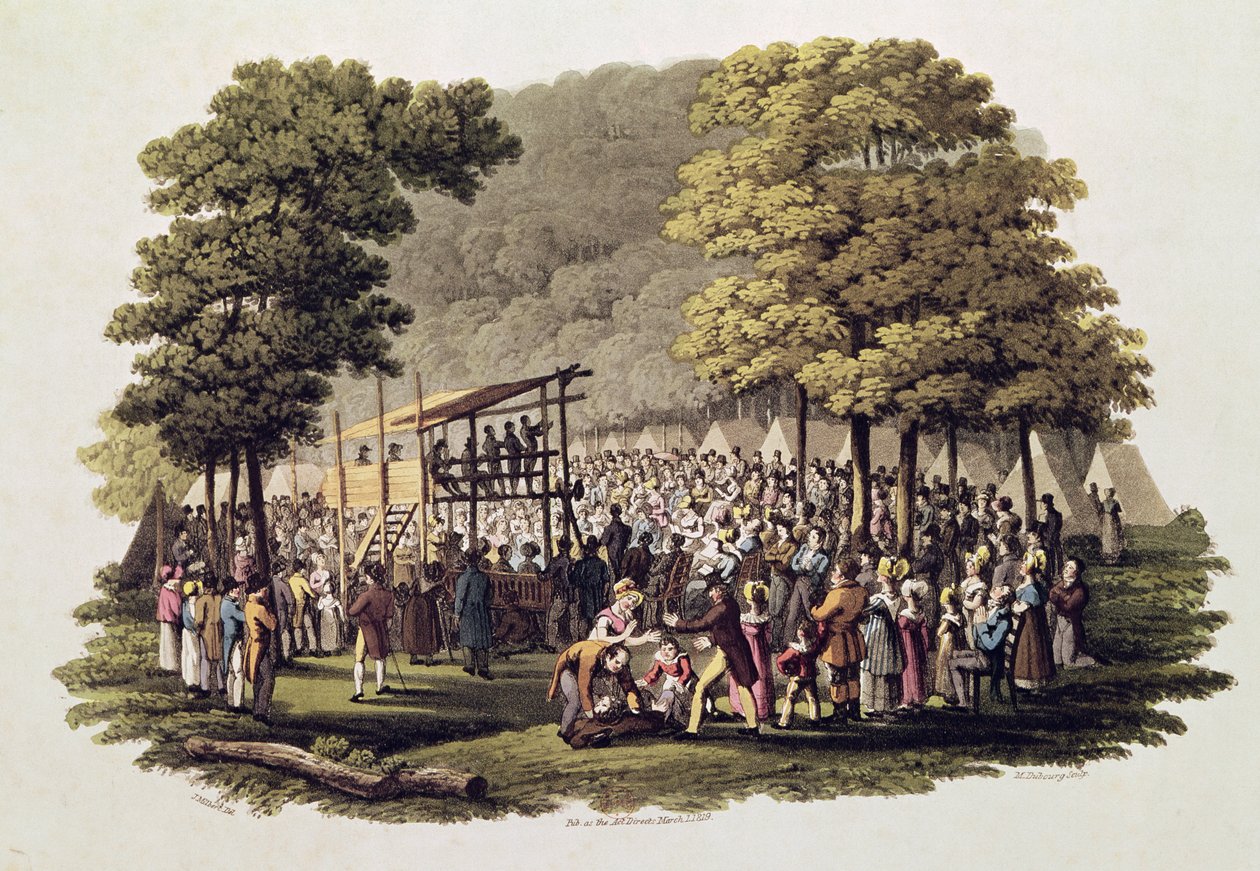 Metodisternas lägermöte i Nordamerika, graverad av Matthew Dubourg (fl.1813-20) 1819 av Jacques Milbert