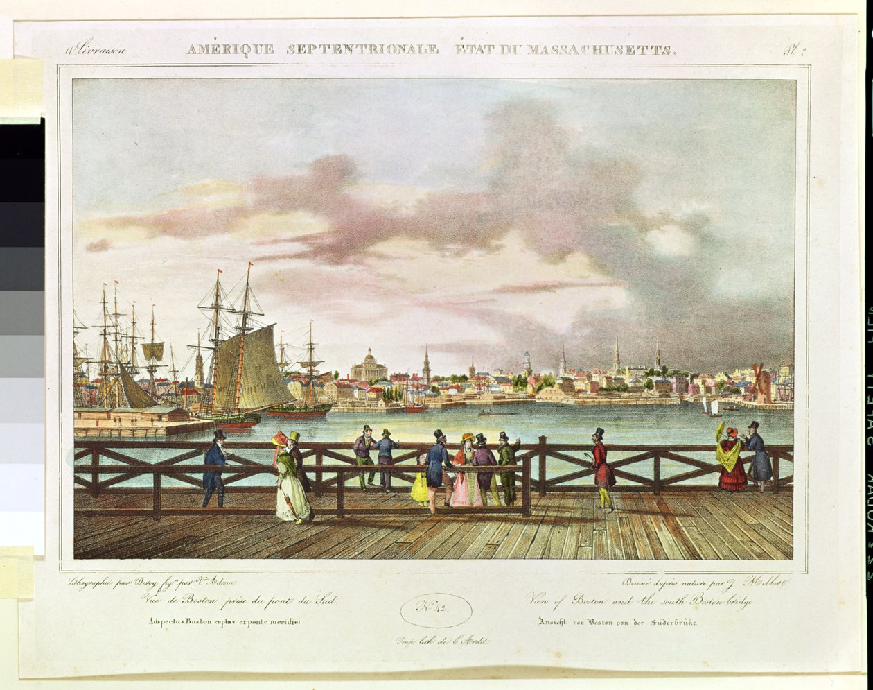 Utsikt över Boston och South Boston Bridge c. 1829 av Jacques Milbert