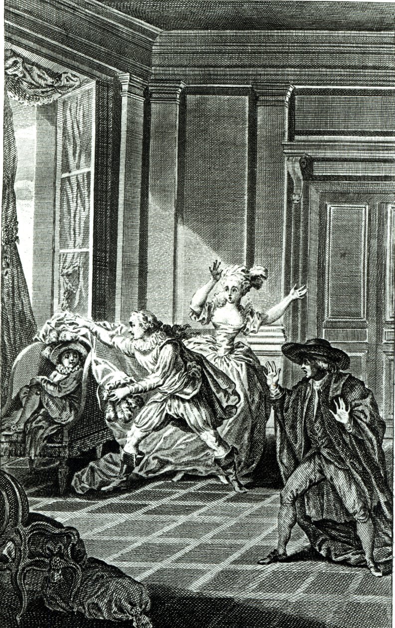 Scen från akt I av "Figaros äktenskap" av Pierre-Augustin Caron de Beaumarchais (1732-99) graverad av Claude Nicolas Malapeau (1755-1803) 1785 av Jacques Philippe Joseph de Saint Quentin