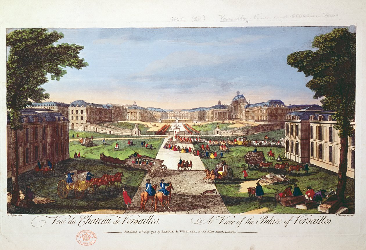 Vy över slottet i Versailles, 1794 (färggravyr) av Jacques Rigaud