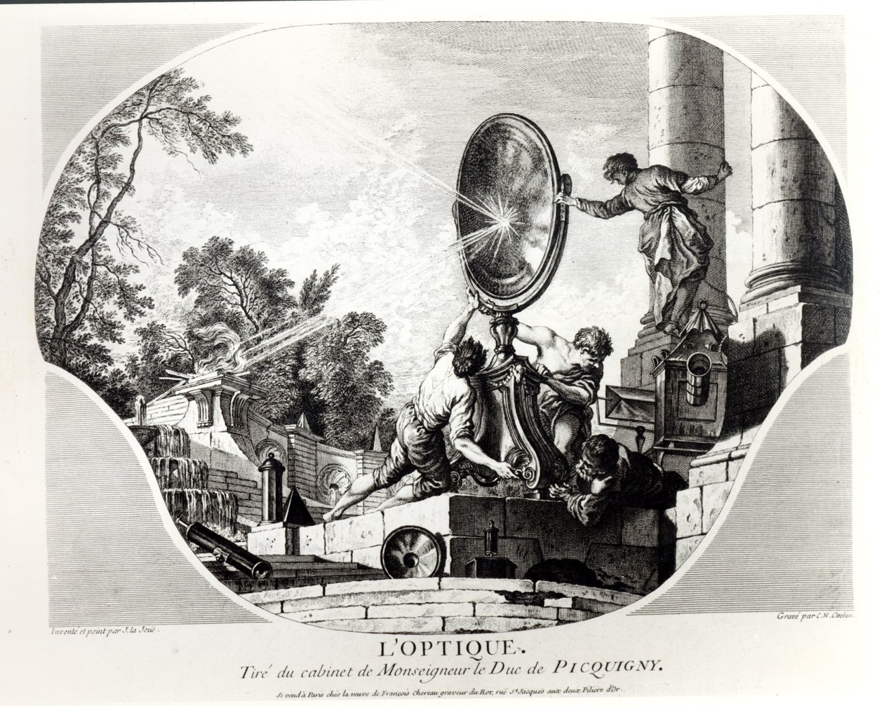 Brinnande spegel, allegori över optik, graverad av Charles Nicolas Cochin (1715-90) av Jacques de Lajoüe