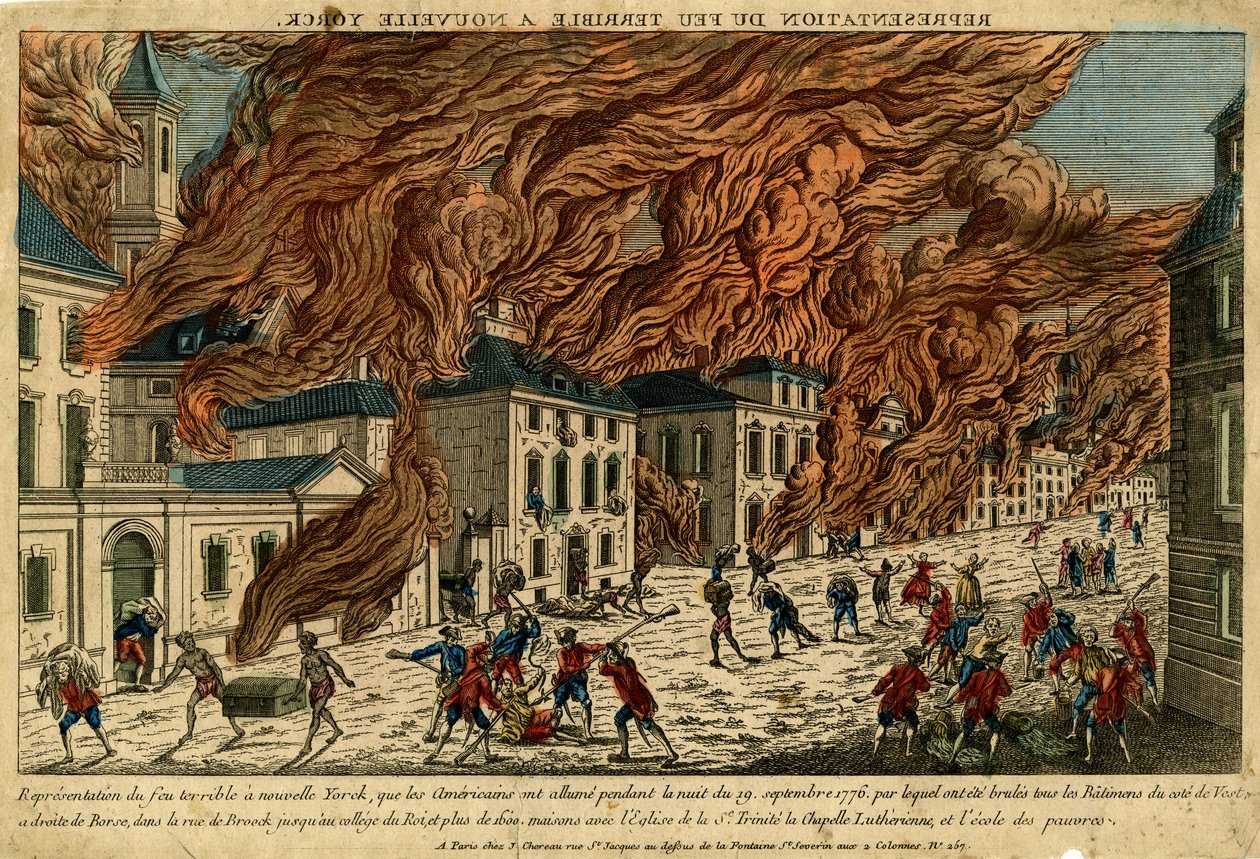 Representation of Terrible Fire in New Yorck, 19 september 1776, odaterad (handfärgad gravyr) av Jacques the Younger Chereau