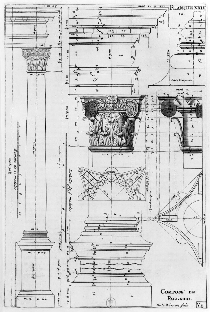 Sektion och förhöjning av en kompositkolonn ritad av Andrea Palladio (1508-80), graverad av de La Boissiere, illustration från "Traite d