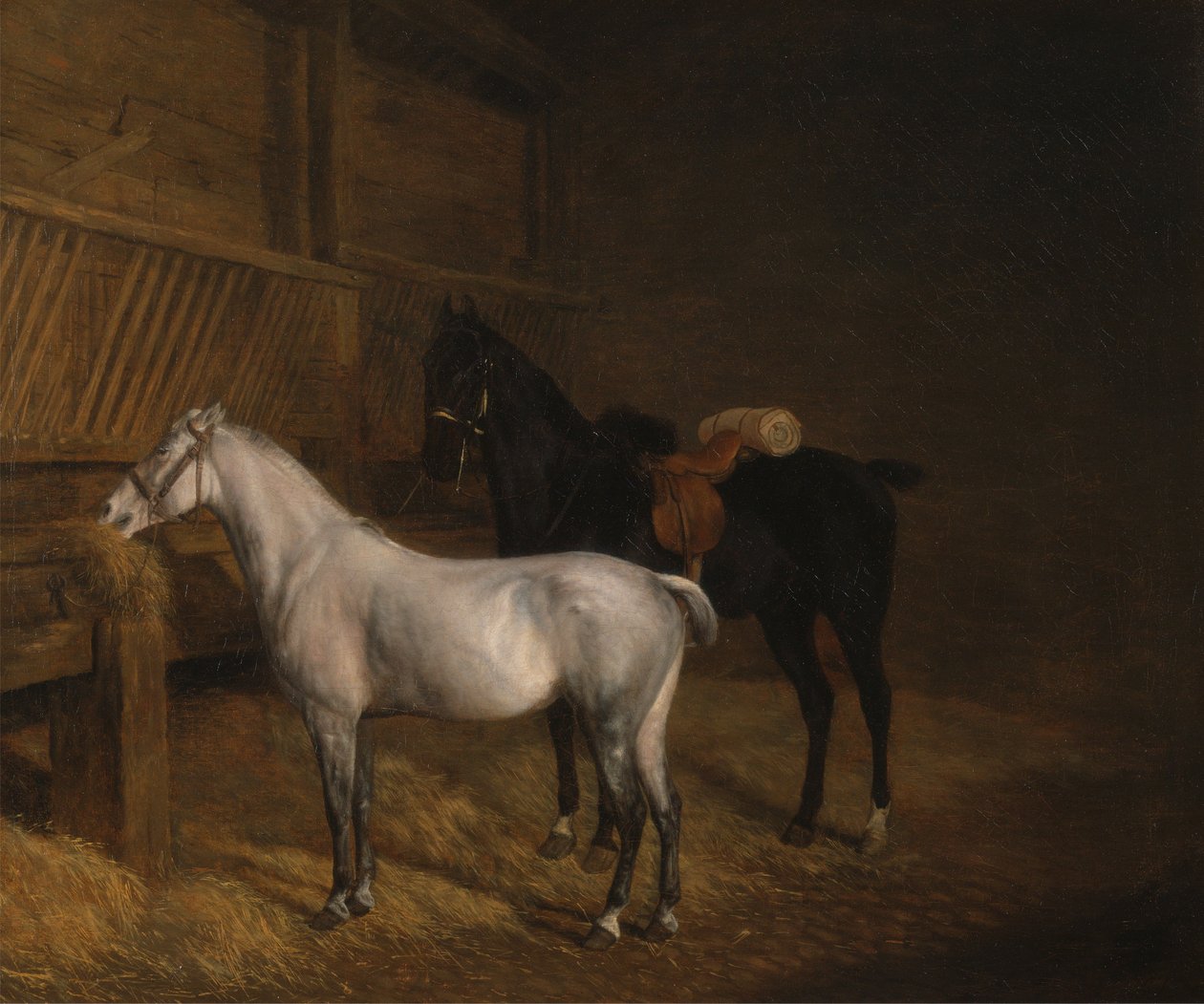 En grå ponny och en svart ridhäst i ett stall av Jacques-Laurent Agasse