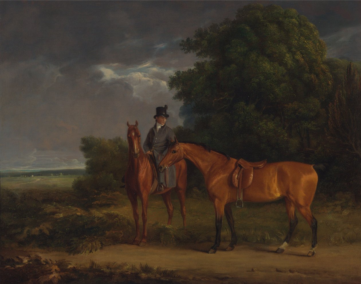 En brudgum monterad på en kastanjejägare, han håller en Bay Hunter vid tyglarna av Jacques-Laurent Agasse