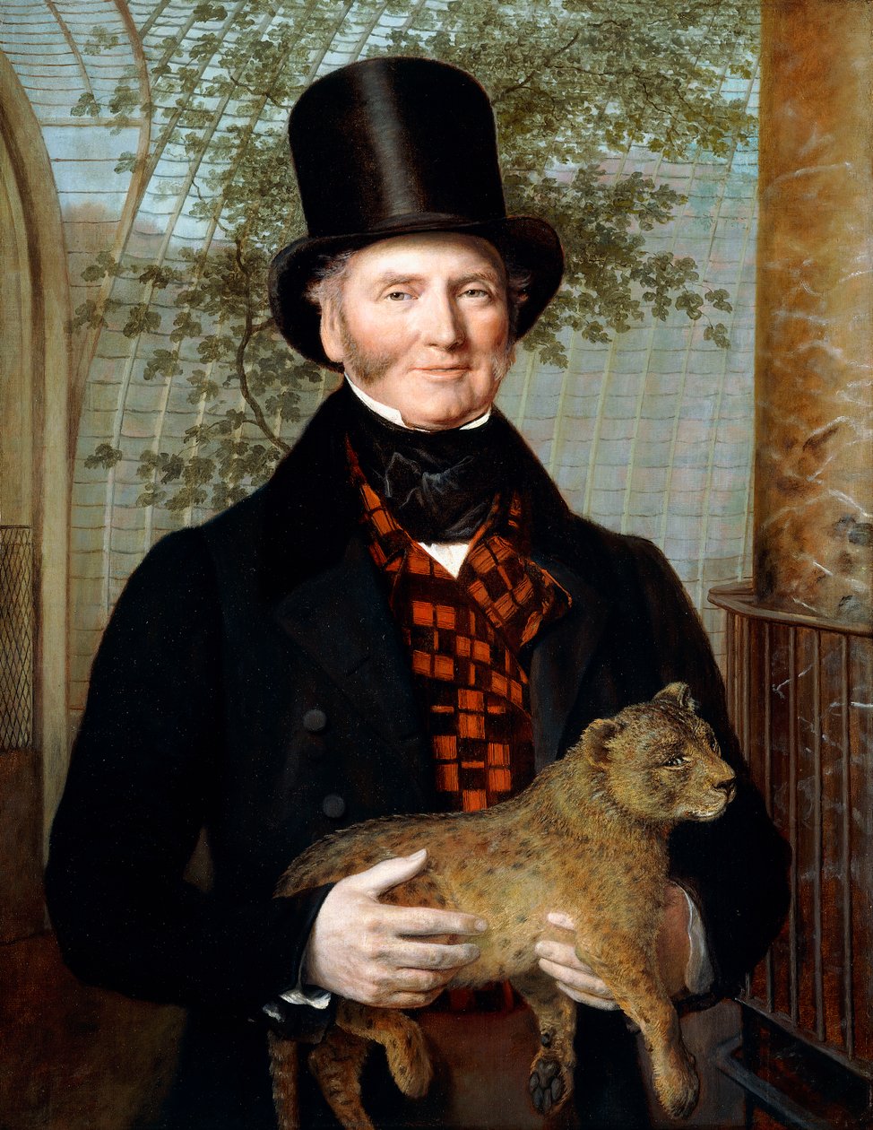 Porträtt av Edward Cross, halvlångt, i en svart rock och rödrutig väst med en lejonunge av Jacques Laurent Agasse