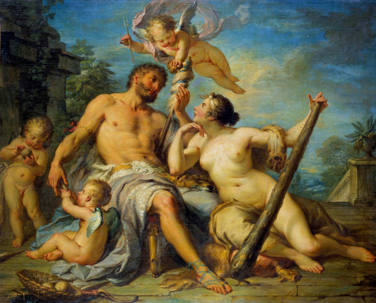 Hercules och Omphale Hercules (Heracles) är kär i Omphale, vars slav han är. Målning av Jacques Dumont kallad romaren (1701-1781). 1728. Dim. 1,33 x 1,67 m. Rundturer, Museum of Fine Arts av Jacques  Dumont