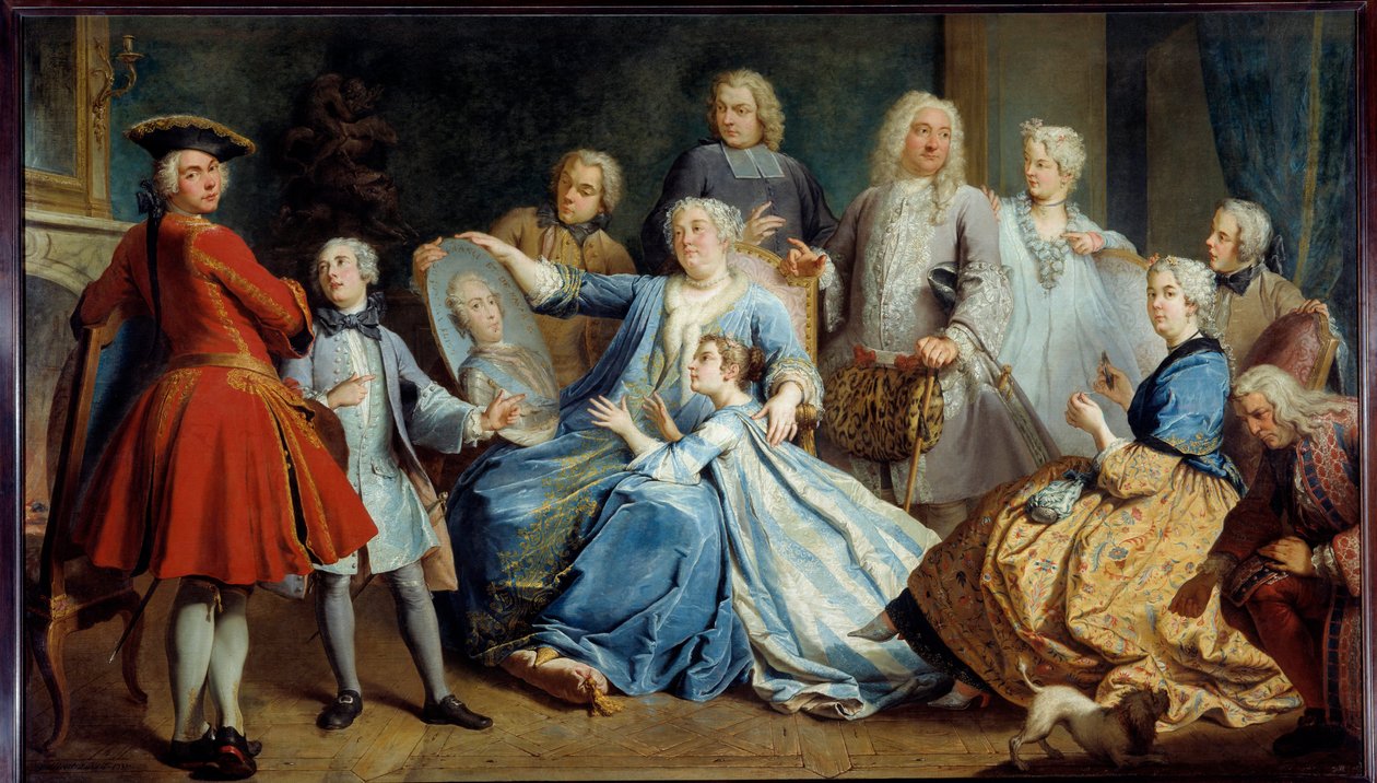 Porträtt av Madame Mercier, sjuksköterska till Ludvig XV, omgiven av sin familj. Målning av Jacques Dumont, dit le Romain (1701-1781) av Jacques  Dumont