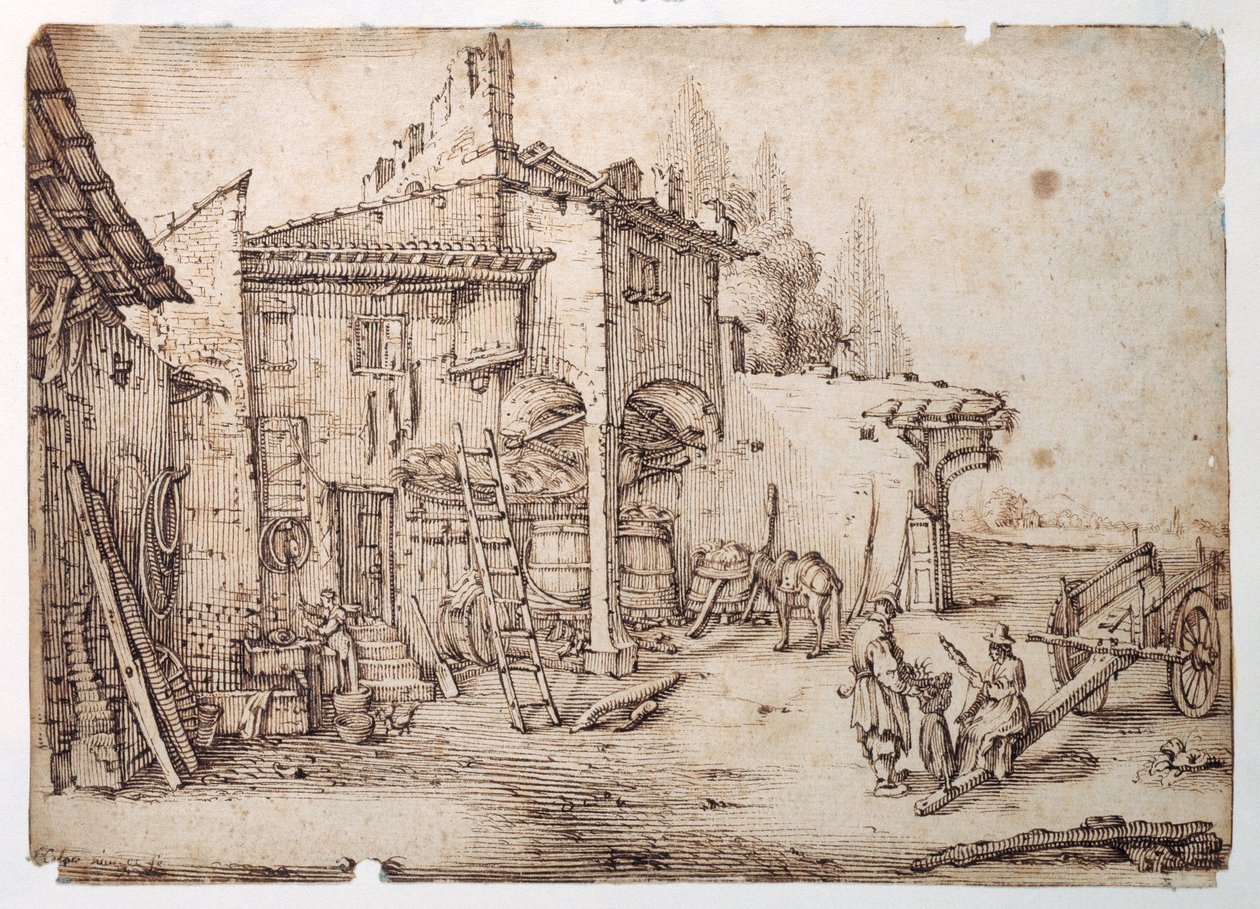 En italiensk bondgård (penna & brunt bläck på vitt papper) av Jacques (after) Callot