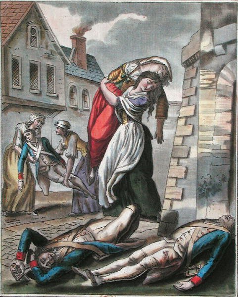 Kvinnor som hjälper skadade under franska revolutionen, graverad av Labrousse, ca 1795 (färgad gravyr) av Jacques (after) Grasset de Saint Sauveur