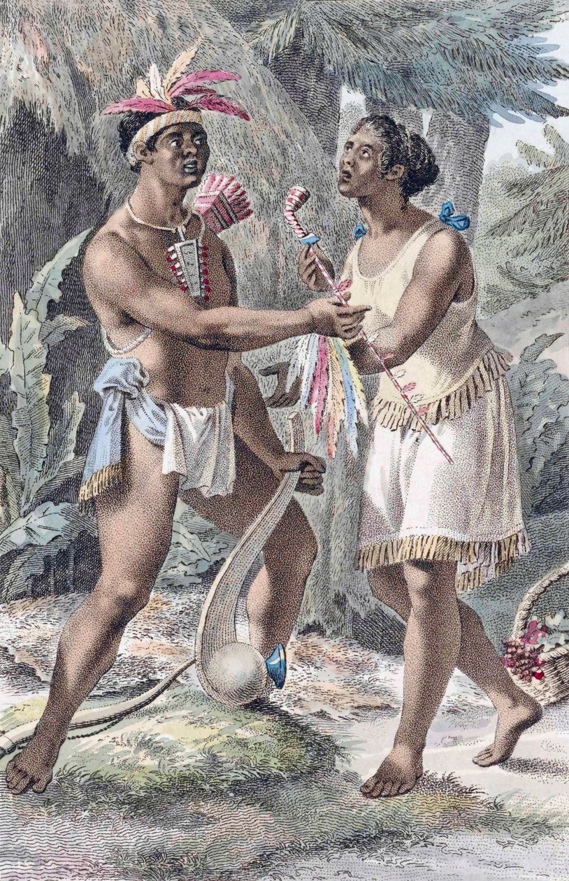 Ett indiskt par från Naudowessie i deras by. av Jacques (after) Kuyper