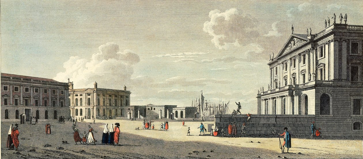 Llotja (tidigare börsen), tullkaptenens palats och Barcelonas havsport (gravyr) av Jacques (after) Moulinier