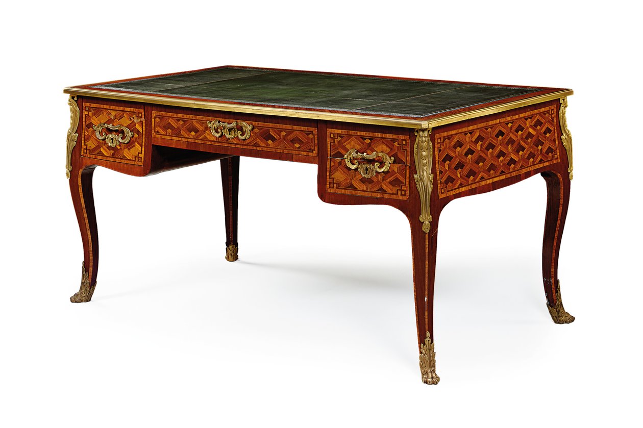 Sent Louis XV byråplattor, tredje kvartalet av 1700-talet (ormolu-monterad tulpan, amarant, läder och parkett) av Jacques (attr. to) Birckle