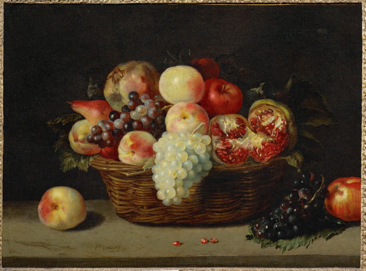 Panier de grenade, peches et raisins - En korg med granatäpple, persikor och vindruvor ... av Jacques (attr. to) Linard