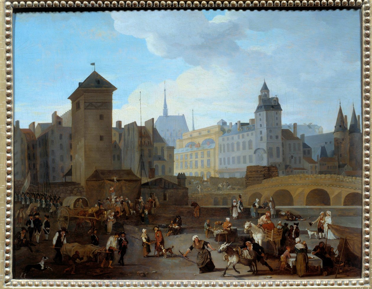 Franska revolutionen: "" Utsikt över bron och pumpen Notre-Dame i Paris"" Pumpen matade flera parisiska fontäner, scener i det dagliga livet, av handlare, ambulanspersonal som bar en skadad, soldater som sprang iväg. Målning av Jacques Albert Senave (1755- av Jacques Albert Senave