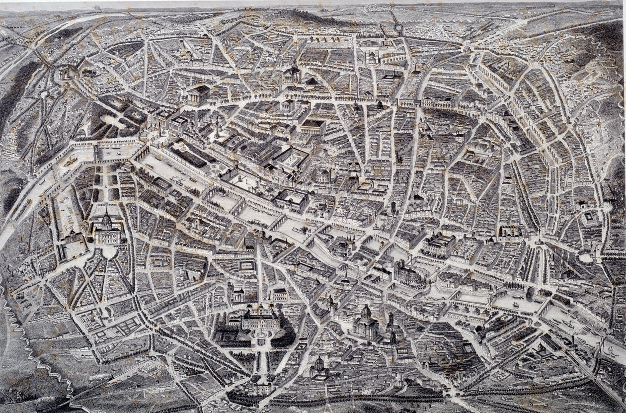 Karta över Paris i relief och en fågelfluga med dess omgivningar och befästningar. Gravyr av Jacques Alphonse Testard (1810-?) 1800-talets Paris, Musee Carnavalet av Jacques Alphonse (after) Testard