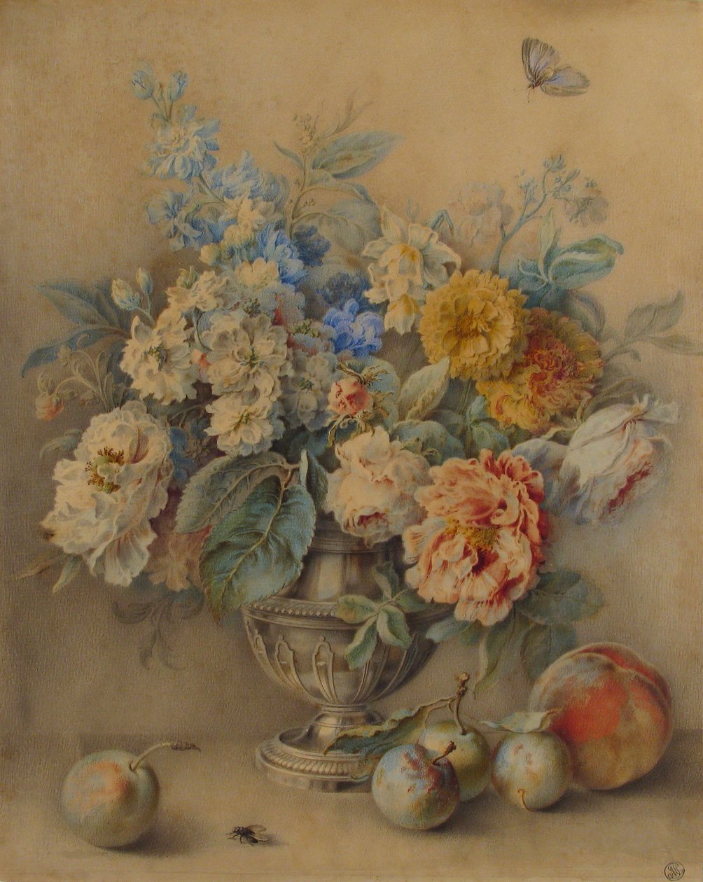 Blommor i en Silver Caster, Frukt i förgrunden, 1700-talet. av Jacques André Portail
