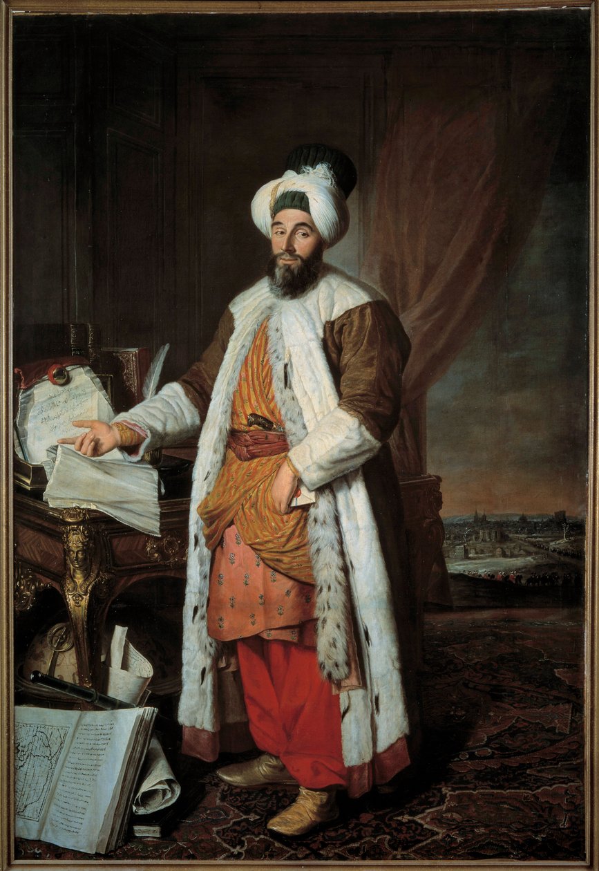 Hellängdsporträtt av Mehemet Said Pasha Bey de Roumelie, ambassadör för Sultan Mahmud (Mahmoud) I till Versailles 1742 Målning av Jacques Andre Joseph Ave, dit le Camelot eller Avet le Batave (1702-1766) av Jacques Andre Joseph Camelot Aved