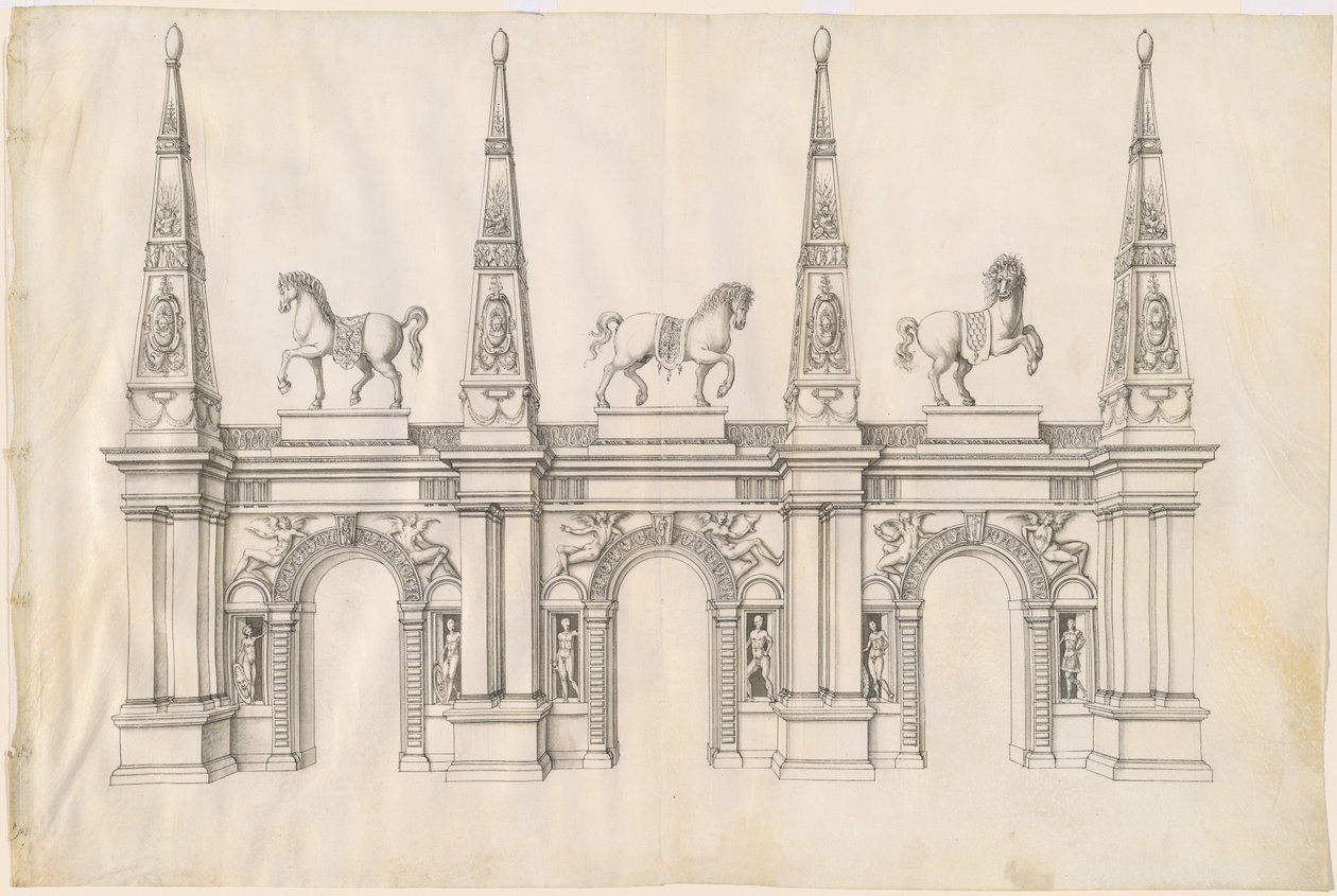 En triumfbåge med kapariserade hästar och utsmyckade pinnacles av Jacques Androuet Ducerceau I