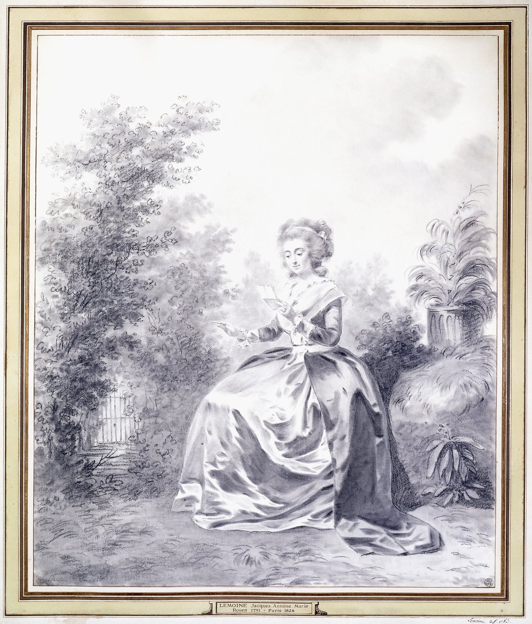Porträtt av Elisabeth Louise Vigee-Lebrun läser ett brev sittande i trädgården (svart krita) av Jacques Antoine Marie Lemoine