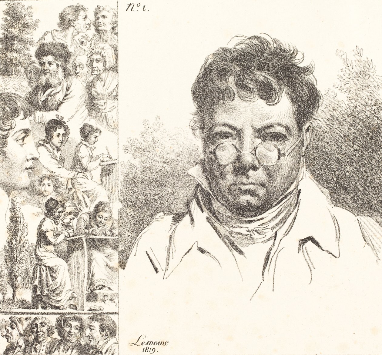 Självporträtt och andra huvuden, 1819 (litografi) av Jacques Antoine Marie Lemoine