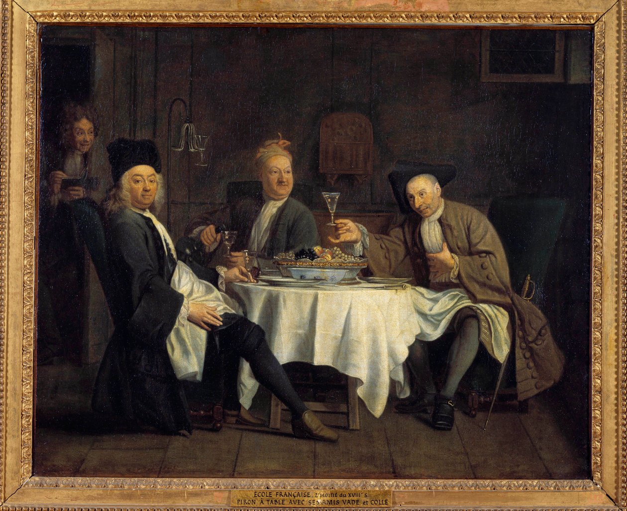 Vindrinkare sa en gång poeten Alexis Piron (1689-1773) vid bordet med sina vänner Jean Joseph Vade (1720-1757) och Charles Colle (1709-1783) Målning av Jacques Antreau (1657-1745) 1700-talets sön. 0,54x0,66 m av Jacques Antreau