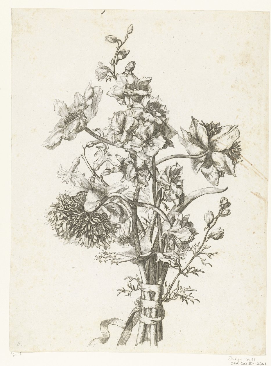 Bukett med anemoner, en hyacint och delphiniums Diverse Fleurs mises en Boucquets (serietitel) av Jacques Bailly (I)