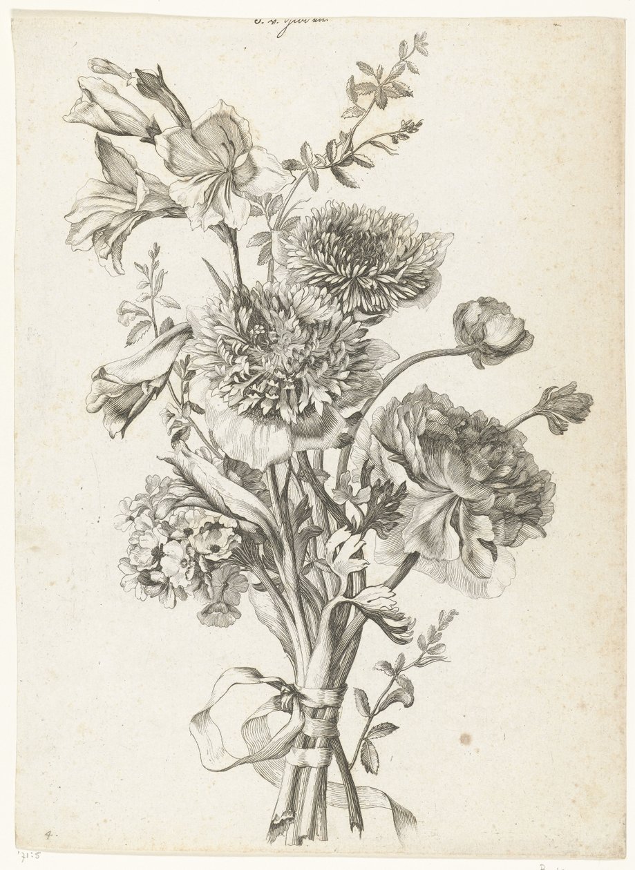 Bukett av anemoner Bukett med anemoner, en pion, stamblommor och gladiolus Diverse Fleurs mises en Boucquets (serietitel) av Jacques Bailly (I)