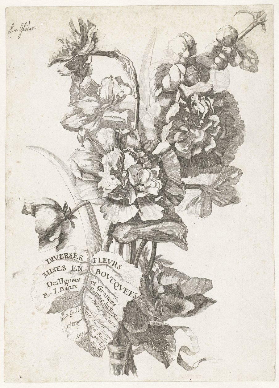 Titelsida med en bukett pioner Titelblad: Diverse blommor i buketter Olika blommor i buketter (serietitel på objekt) Olika blommor i buketter (serietitel) av Jacques Bailly (I)