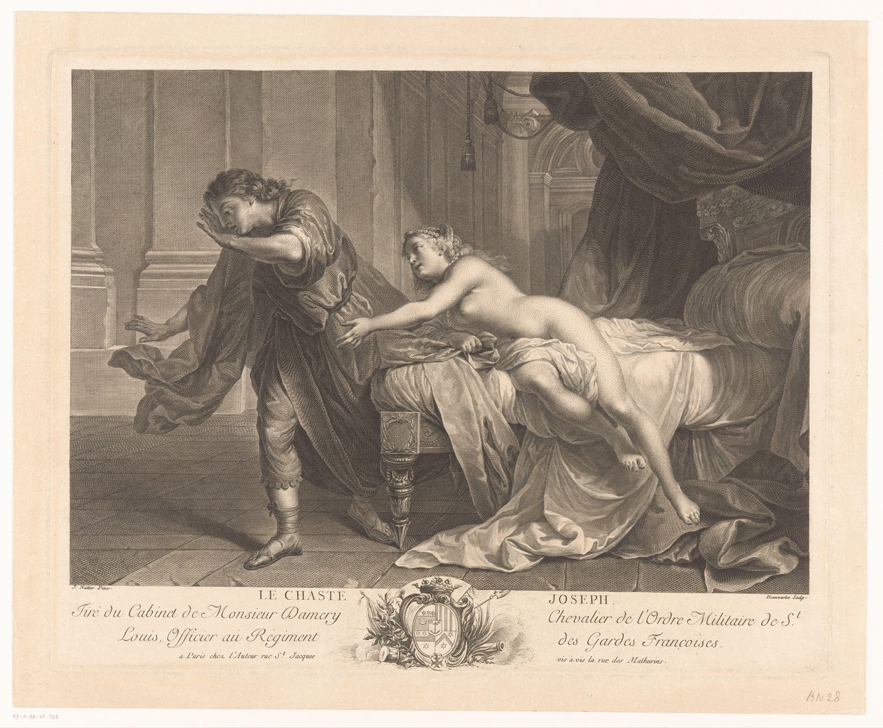 Josef motstår Potifars hustrus frestelse Le chaste Joseph (titel på objekt) av Jacques Beauvarlet
