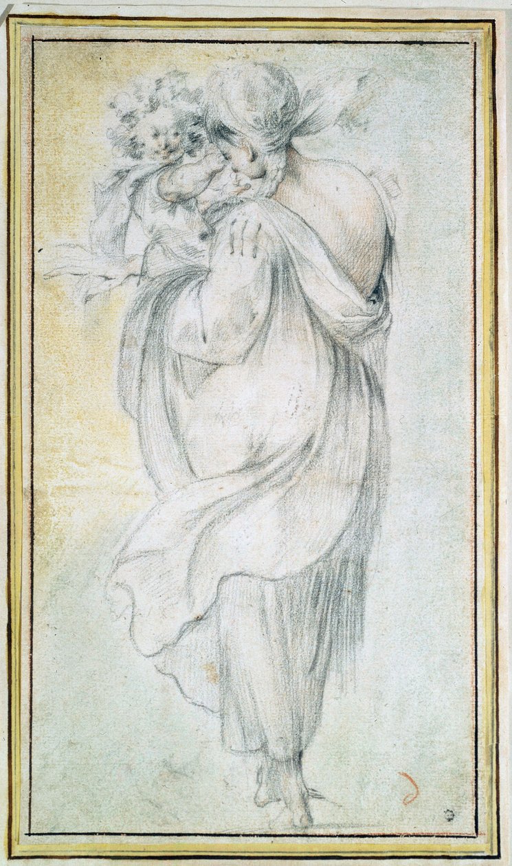 Zigenare med ett barn - Verk av Jacques Bellange (cirka 1575-1616), blod och svartvit krita på papper (30x16,5 cm), tidigt 1600-tal - Zigenare med ett barn, blod, svartvit krita på papper av J Bellange, tidigt 1600-tal - delstaten H av Jacques Bellange