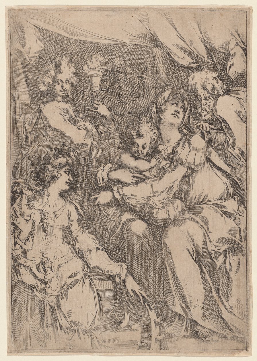 Den heliga familjen med Saint Catherine, Saint John the Evangelist och en ängel, 16121616. av Jacques Bellange