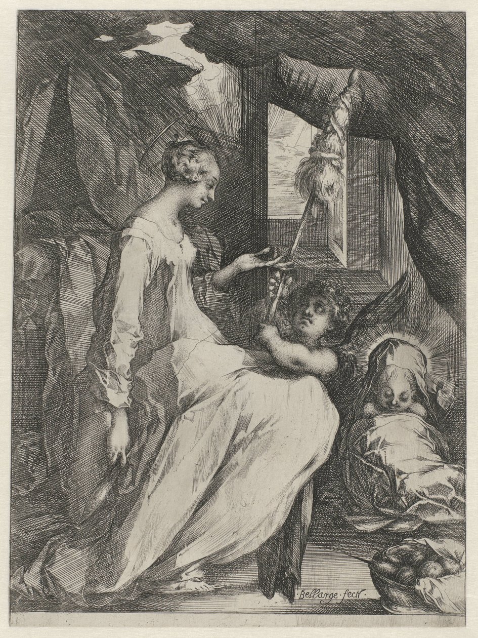 Jungfru Maria snurrar med Kristusbarnet och en ängel Mary med barn och en ängel som håller i en stav av Jacques Bellange
