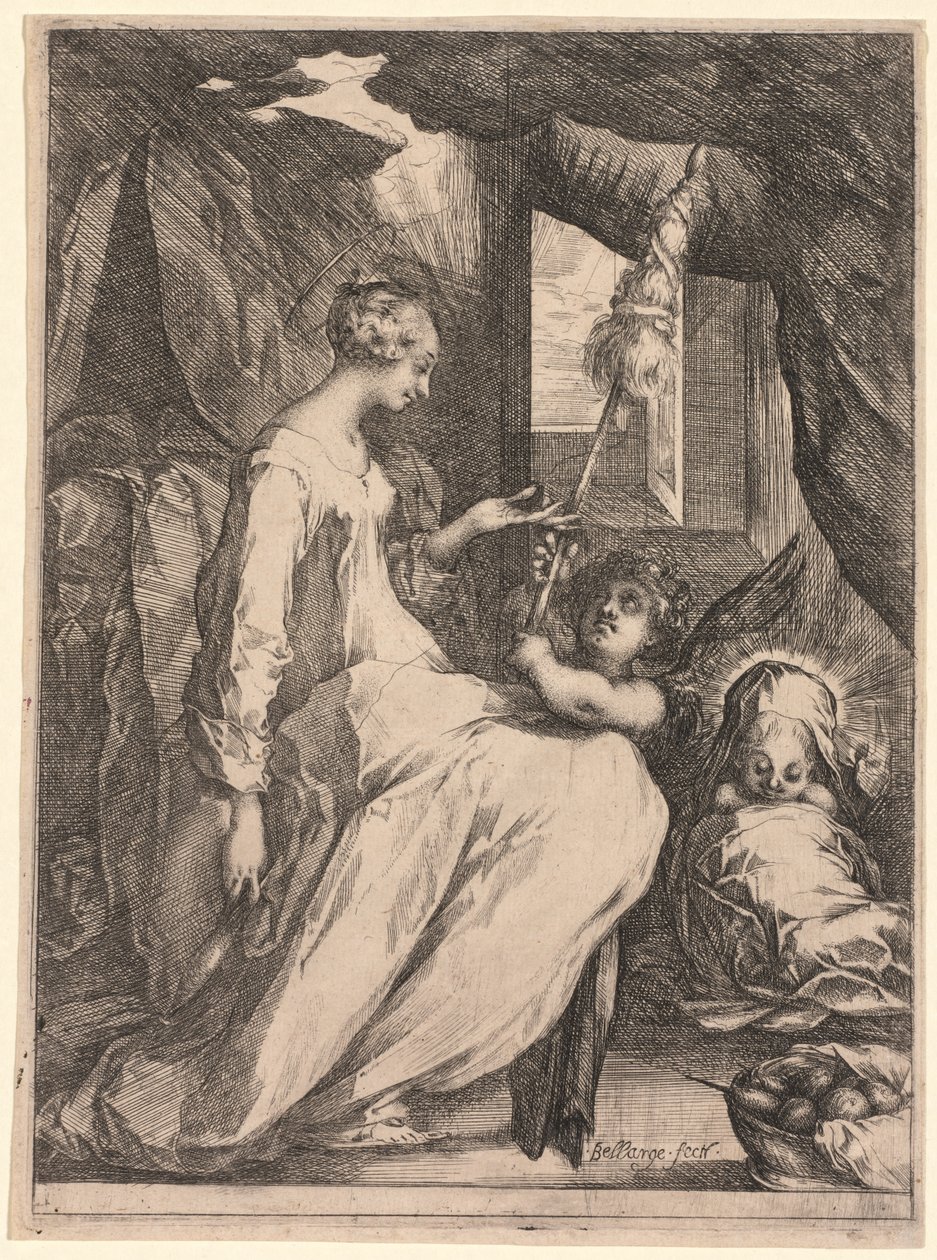 Jungfrun och barnet med distaff och en ängel, ca. 1611-1613. av Jacques Bellange