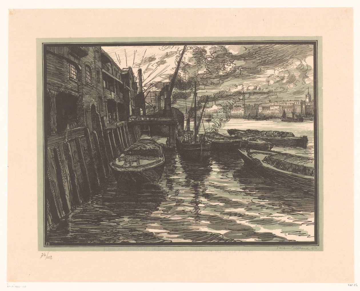 Sloopar på Themsen i London av Jacques Beltrand (signed by artist)