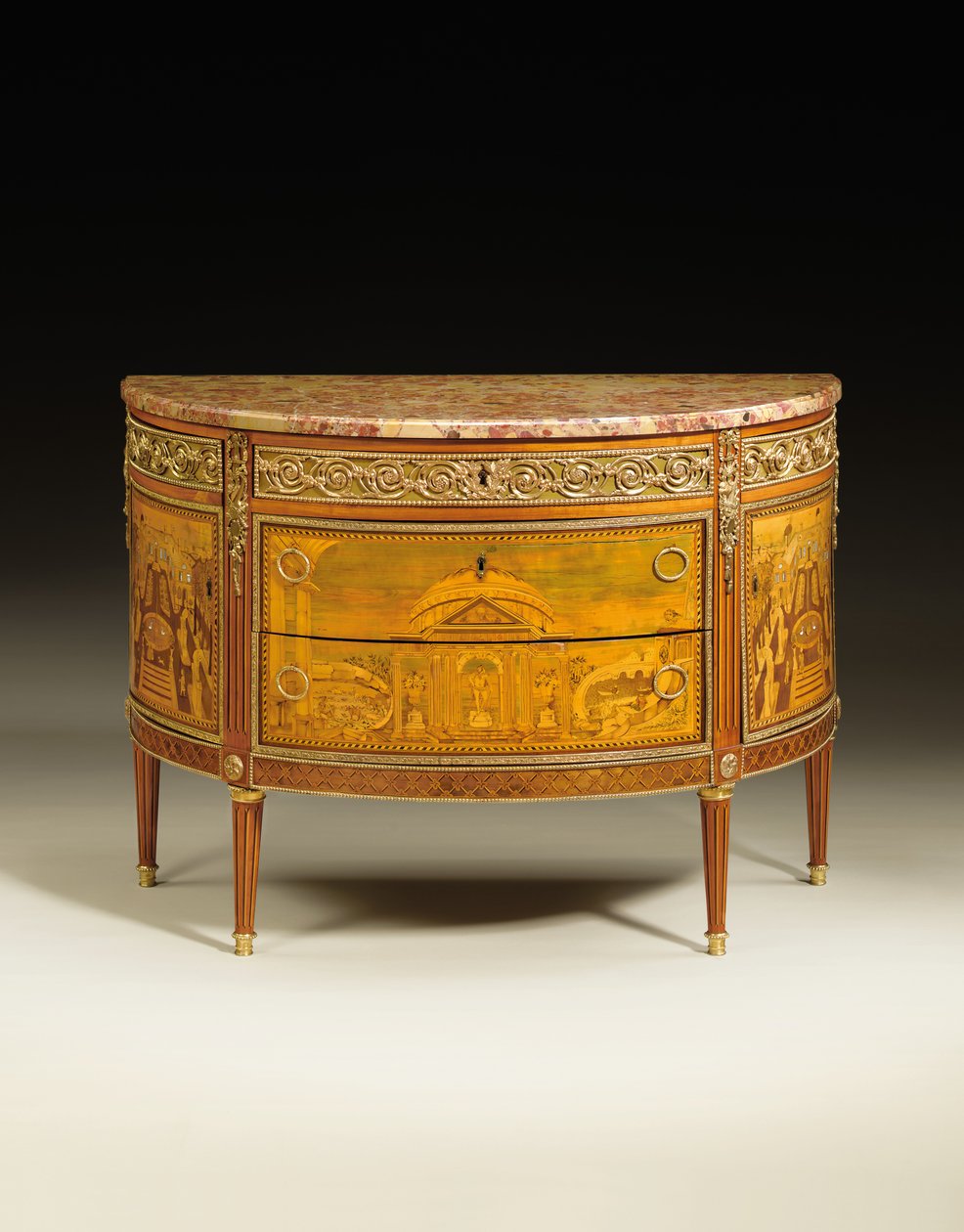 Ludvig XVI kommod, c.1770-75 (ormolu-monterad tulpanved, fruktved, platan, amaranth & pärlemor) (se även 714754-55) av Jacques Birckle