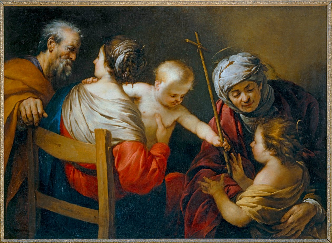 Den heliga familjen med den heliga Elisabet och den lille Johannes Döparen som Jesusbarnet ger ett vasskors - Den heliga familjen med den heliga Elisabet och den lille Johannes Döparen - Den heliga familjen med den heliga Elisabet och den lille Johannes Dö av Jacques Blanchard