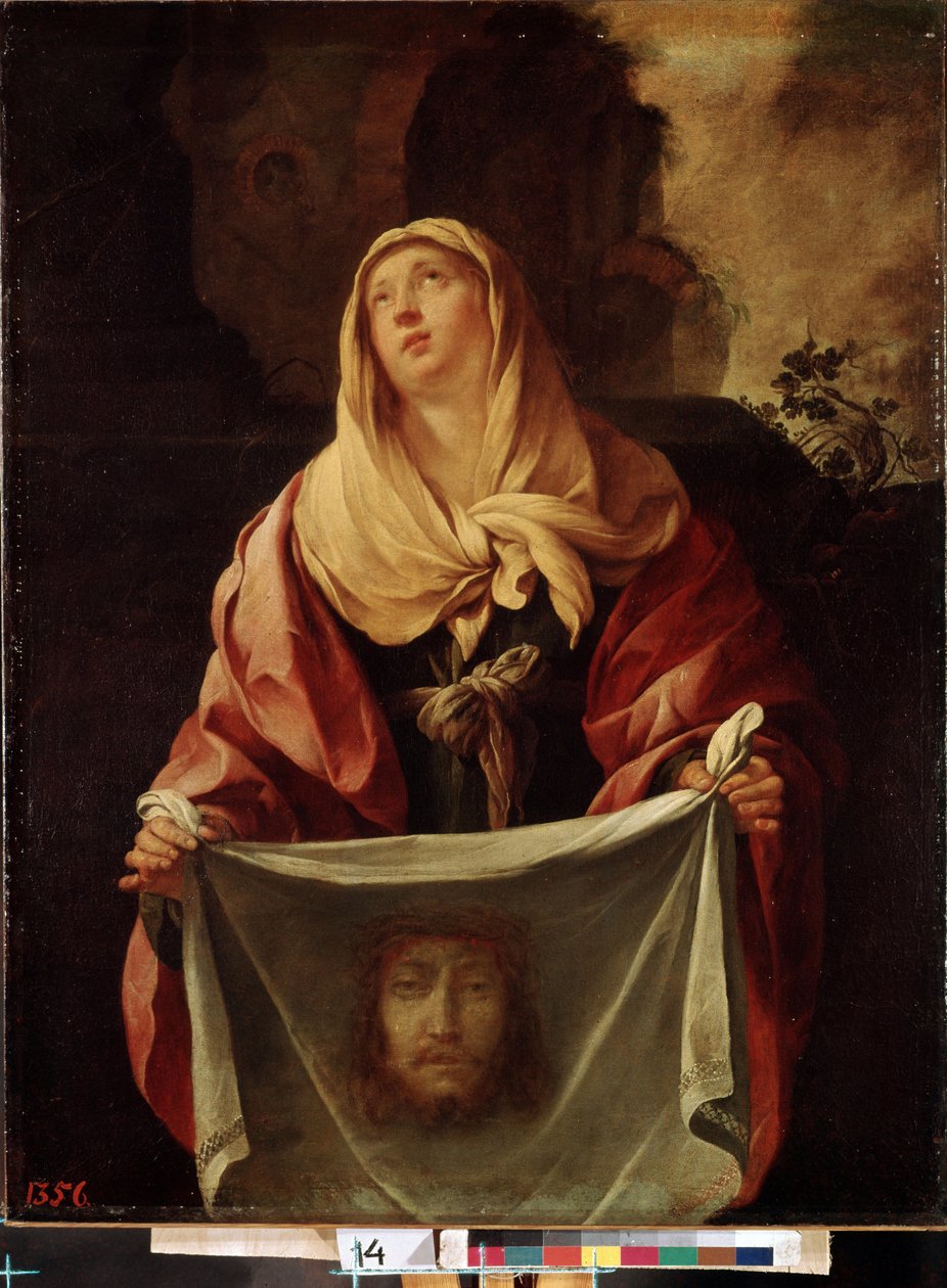 ""Saint Veronica"". Den heliga slöjan representerar Kristi ansikte vars svett Veronique skulle ha torkat av under uppstigningen till Golgata. Målning av Jacques Blanchard (1600-1638) 1633-1634 Mått 127x98 cm Eremitagemuseet, Sankt Petersburg (Saint-Peters av Jacques Blanchard