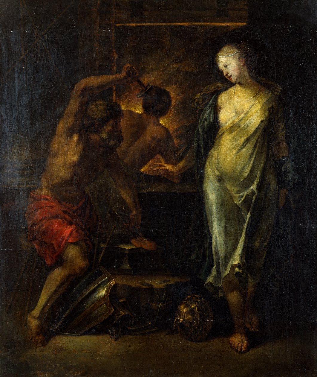 Vulcan smider Achilles rustning under överinseende av Thetis (olja på duk) av Jacques Blanchard