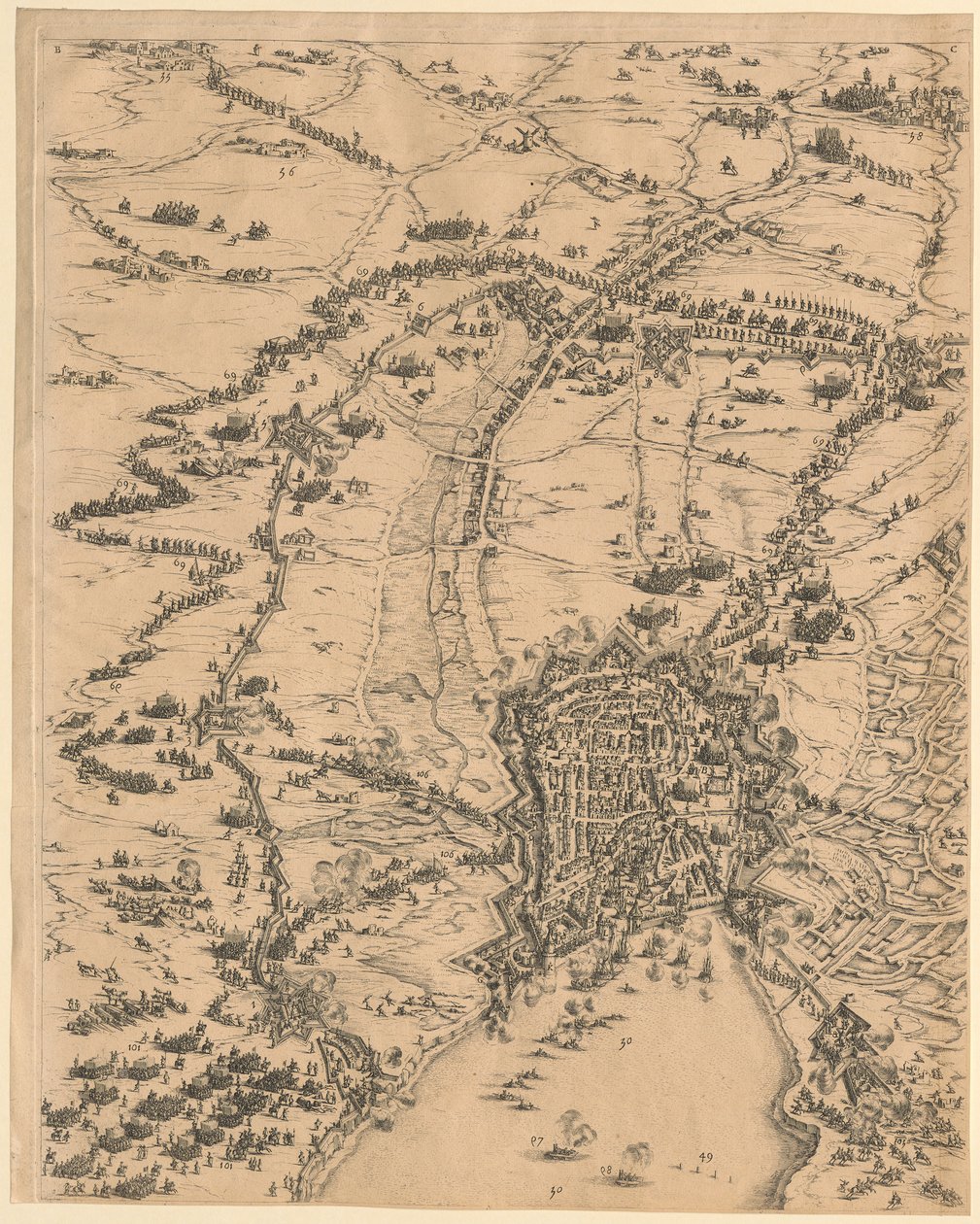 2. Tavla uppe i mitten från ”Belägringen av La Rochelle” av Jacques Callot