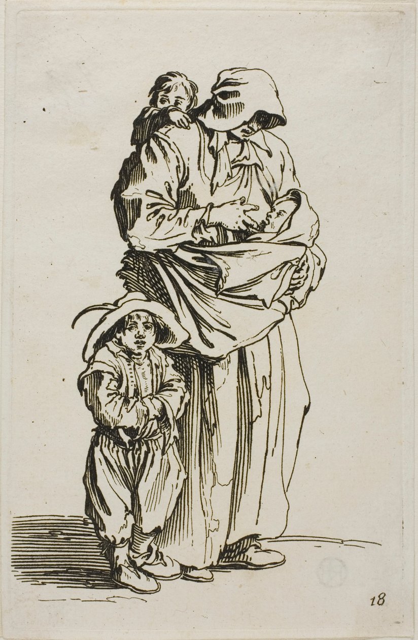 En mamma med sina tre barn, tallrik 18 från The Beggars av Jacques Callot