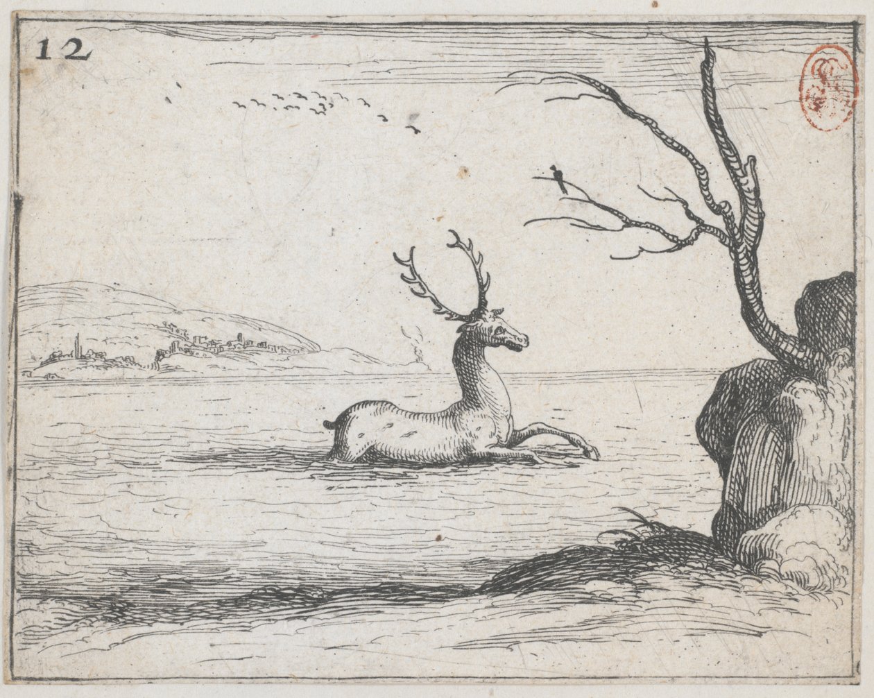 En hjort i vattnet - nej. 12 från serien av Jacques Callot